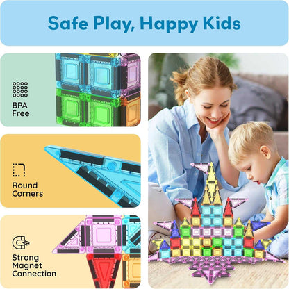 Magnetic Building Tiles for Kids with BPA-free, rounded corners, and strong magnet connection, promoting safe STEM play and creativity