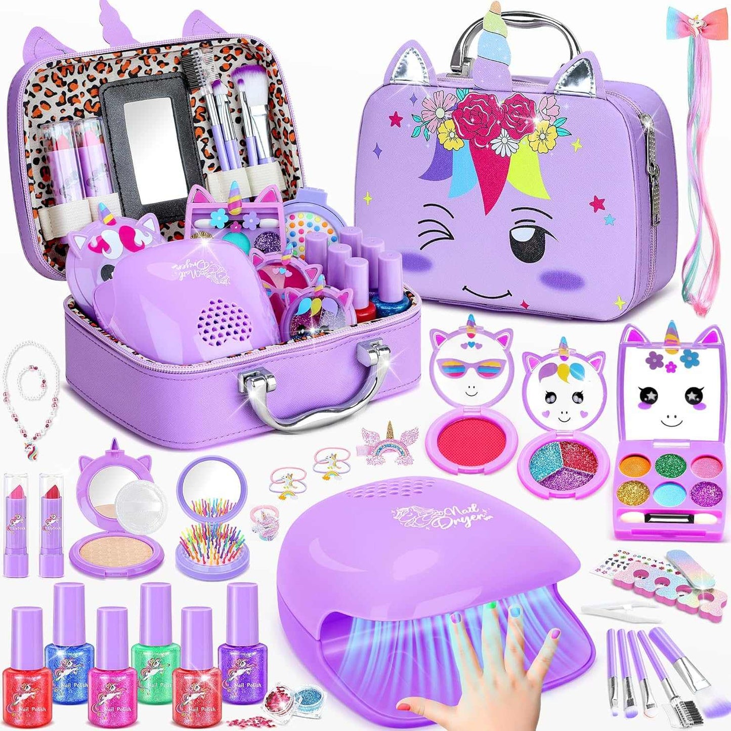 Kids Makeup Kit 42-piece washable makeup and nail set for girls ages 3-12 with accessories and mini nail dryer