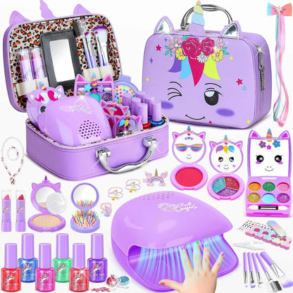 Kids Makeup Kit 42-piece washable makeup and nail set for girls ages 3-12 with accessories and mini nail dryer