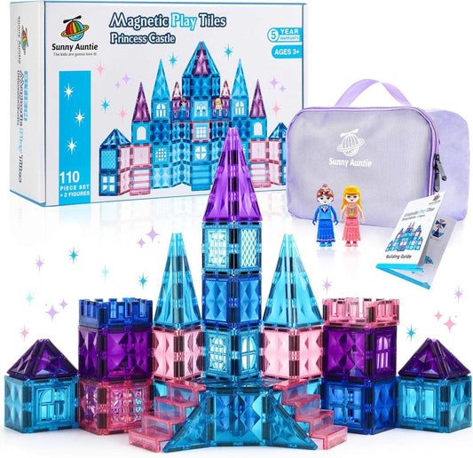 Ice Princess Castle Magnetic Tiles 110-piece building set with dolls and purple carrying case