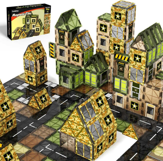 GobiDex Magnetic Tiles Army Set 48PCS with military-themed building blocks for creative STEM play