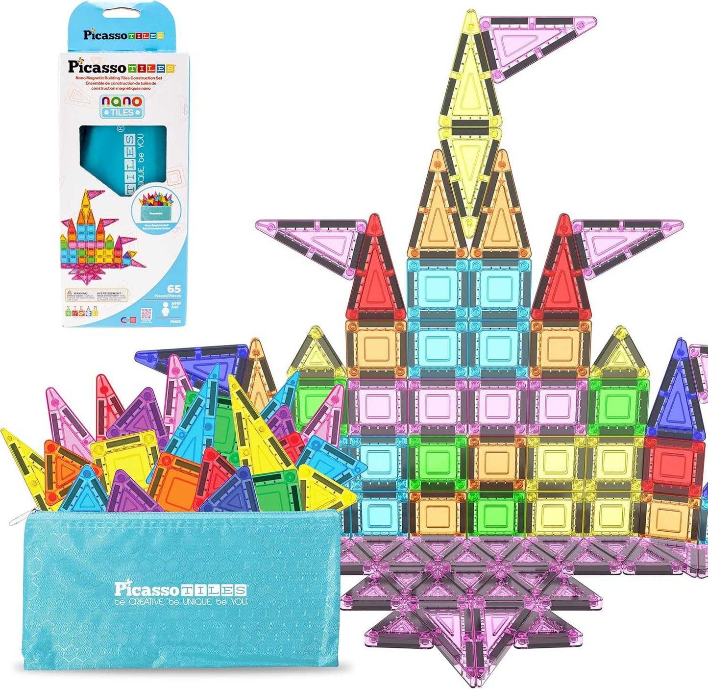 Magnetic Building Tiles for Kids colorful STEM construction set with geometric shapes and storage bag