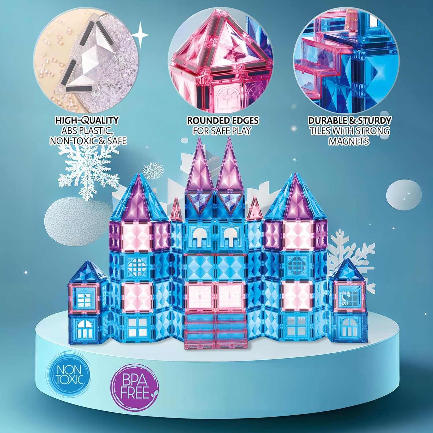 Ice Princess Castle Magnetic Tiles building set made of high-quality non-toxic ABS plastic with rounded edges and strong magnets for safe, durable play.