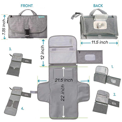 Gray pouch with multiple views and measurements on a white background