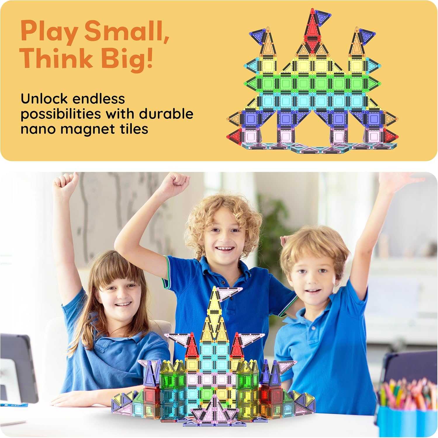 Kids playing with Magnetic Building Tiles for Kids STEM educational construction set building colorful structures