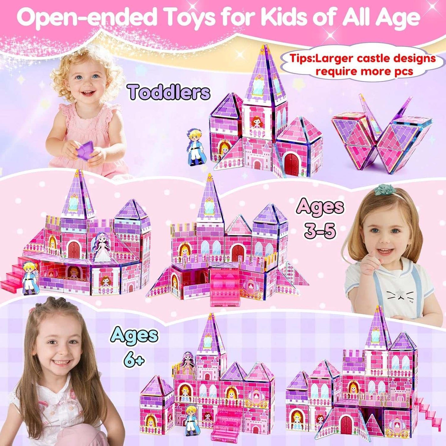 Colorful princess magnetic tiles building a creative castle for pretend play