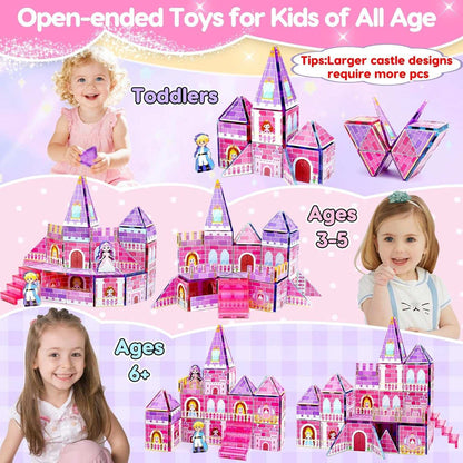 Colorful princess magnetic tiles building a creative castle for pretend play