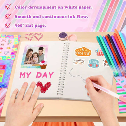 DIY Journal Kit for Girls with colorful pens, stickers, and decorative journaling supplies in a gift set