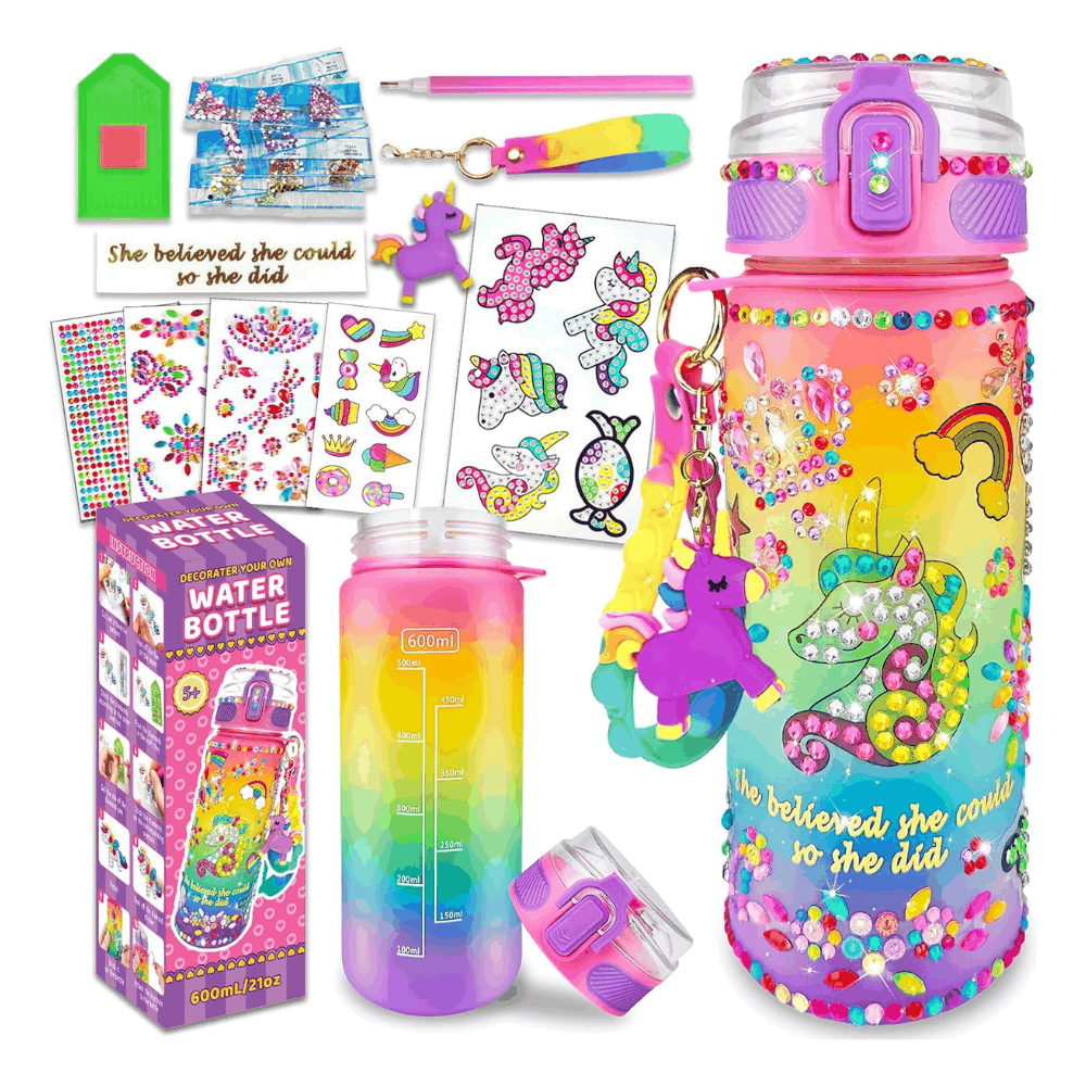 DIY Water Bottle Kit for Kids with colorful themed decorations and fidget keychain accessories