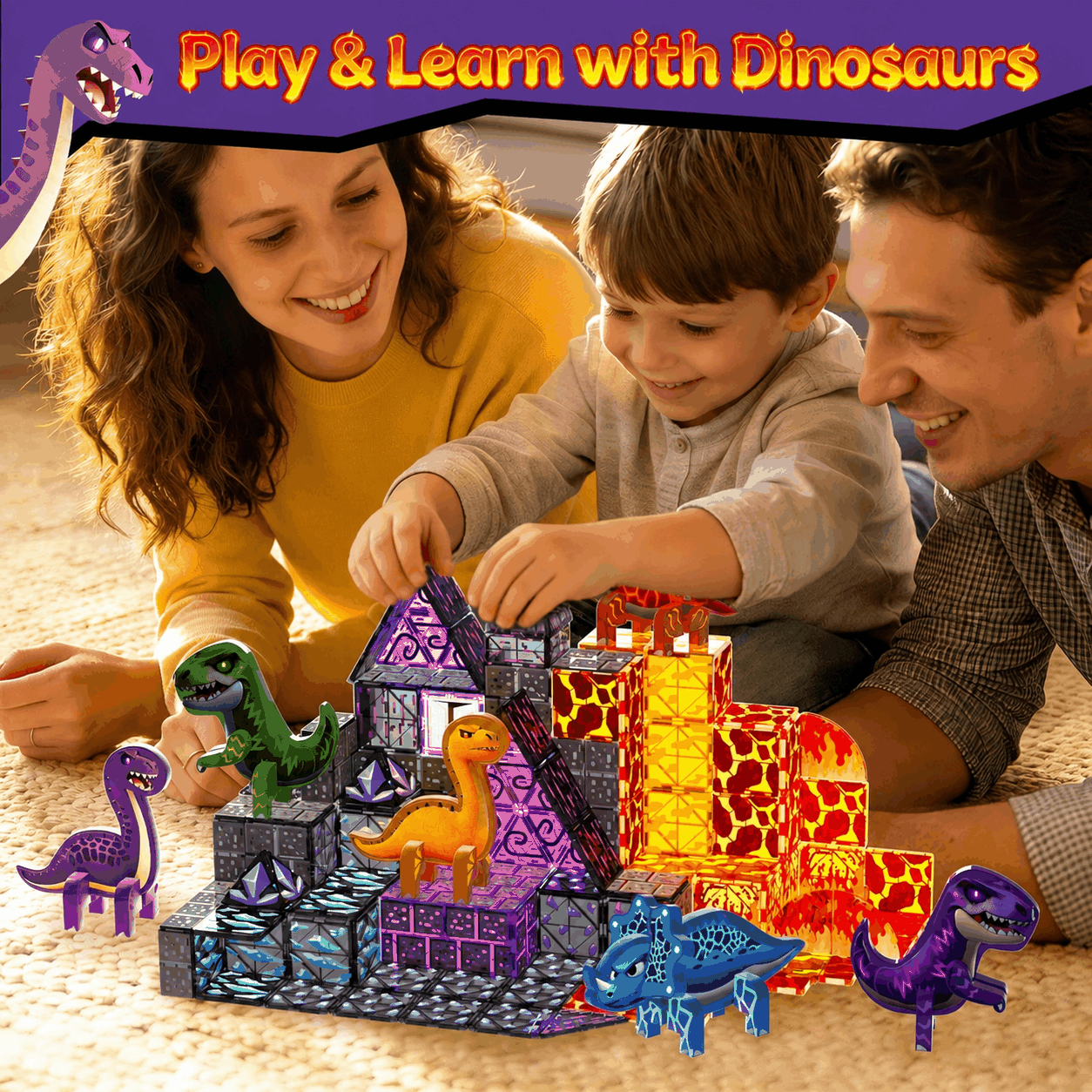 80-piece magnetic tiles dinosaur STEM building set with 6 poseable dinosaurs and prehistoric themes