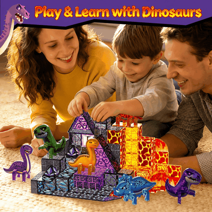 80-piece magnetic tiles dinosaur STEM building set with 6 poseable dinosaurs and prehistoric themes