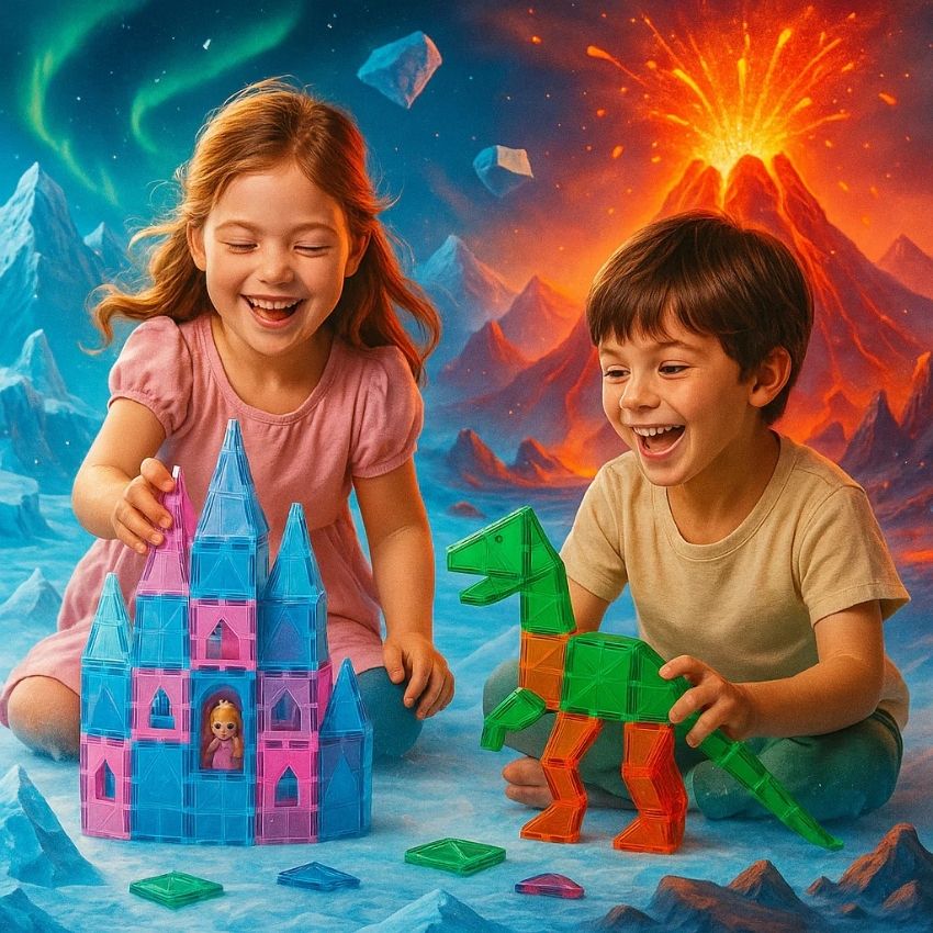 Two children playing with colorful building blocks against a vibrant, fantasy landscape.