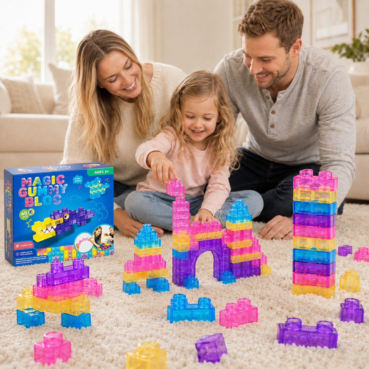 Colorful squishy building blocks set with 40 soft, translucent pieces for sensory play and creative building