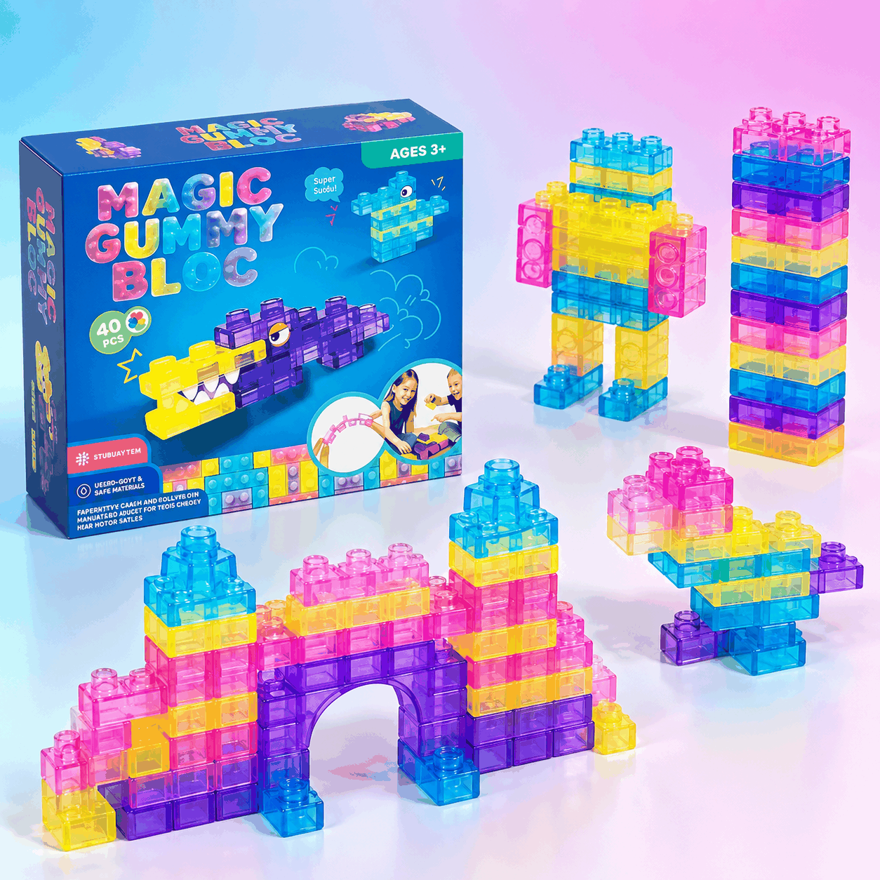 40PCS Squishy Building Blocks set with soft, colorful, translucent sensory blocks for creative, screen-free play