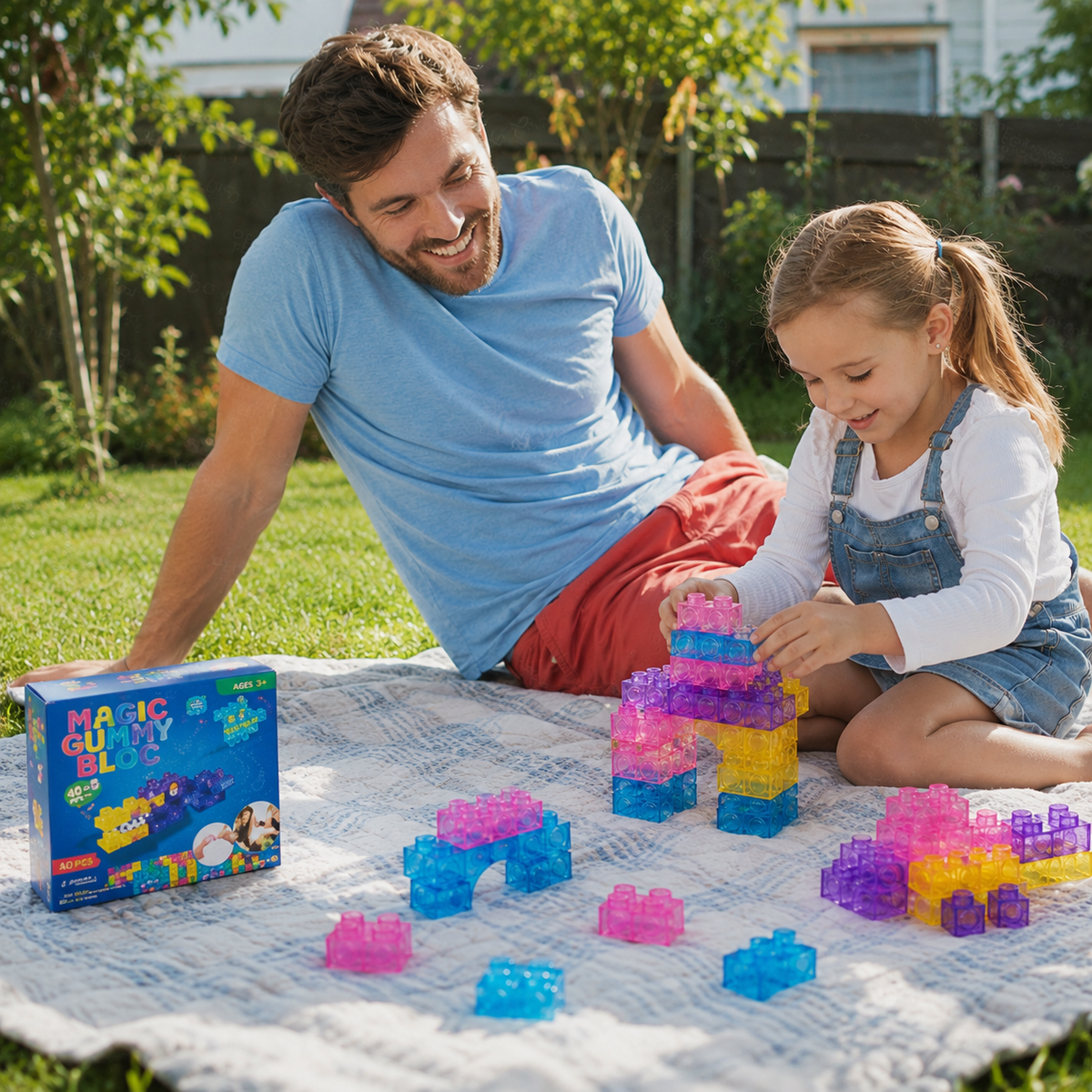 A father and daughter are playing with colorful translucent building blocks on a white picnic blanket in a backyard. The father is wearing a light blue t-shirt and red shorts, and the daughter is wearing a white long-sleeve shirt and denim overalls.
