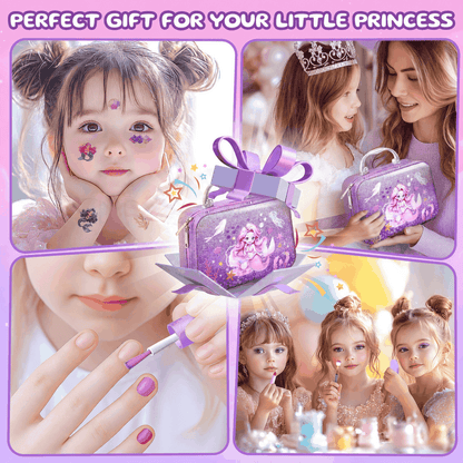 Kids mermaid themed washable makeup kit with 26 pieces in a purple cosmetic case for girls ages 3 to 12
