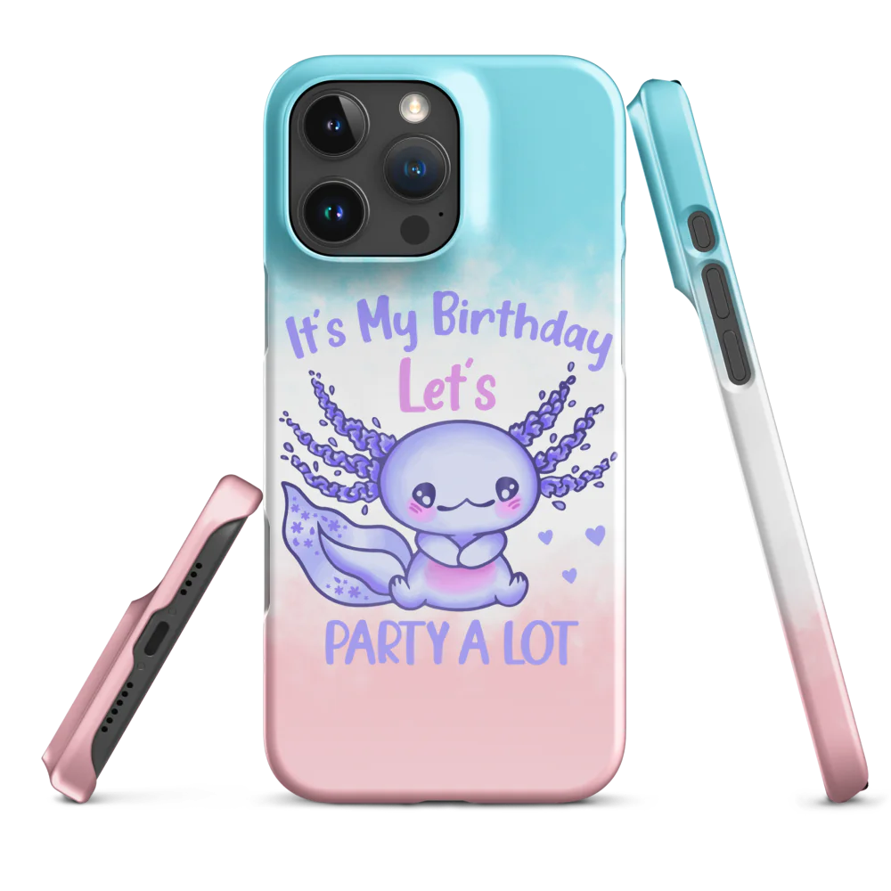 Phone case with a cute purple creature design and birthday text on a gradient background
