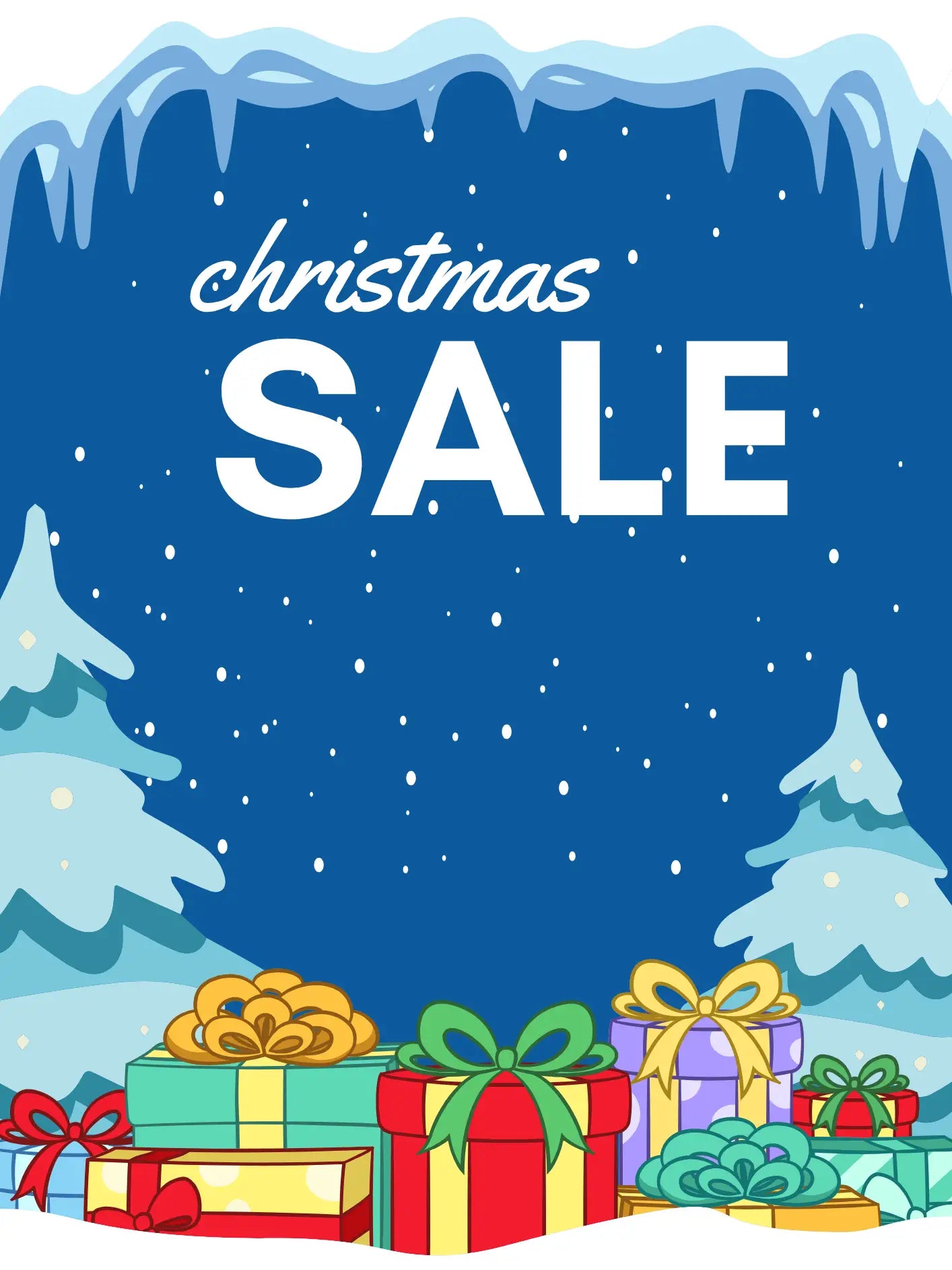 Christmas sale advertisement with presents and snowy background