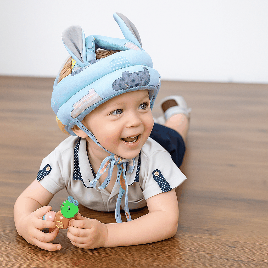 Toddler wearing blue baby safety helmet with animal ears crawling on wooden floor