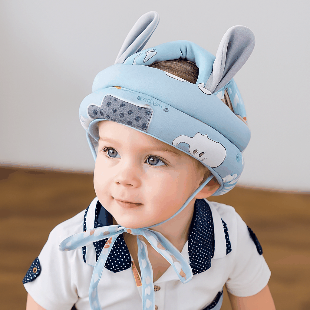 Baby wearing blue baby safety helmet with soft padding and playful ear design for head protection during crawling and walking
