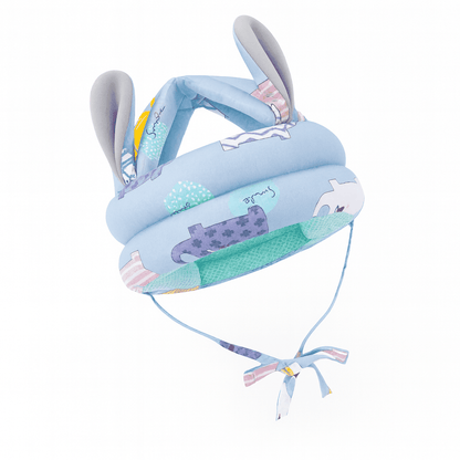 Baby Safety Helmet with soft padding and breathable fabric featuring playful blue pattern and ear details for infant head protection