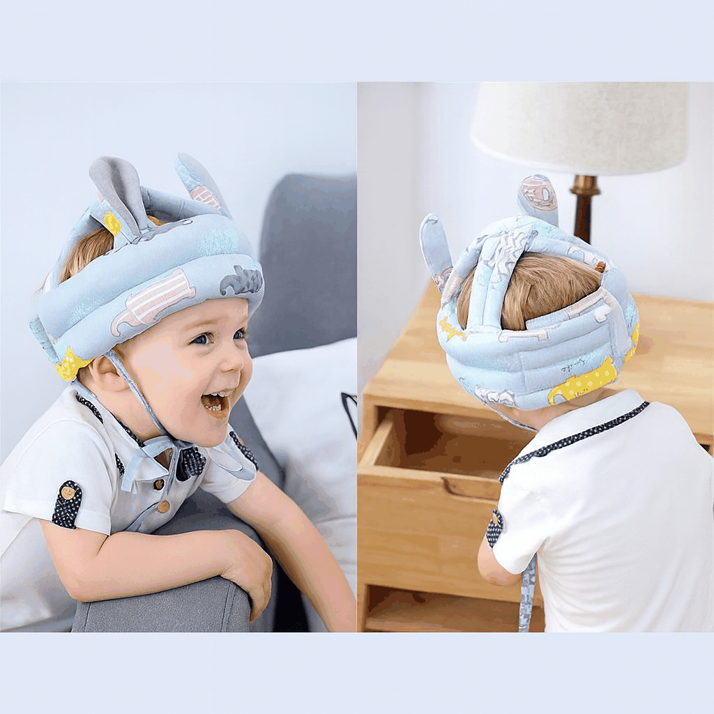 baby wearing soft light blue padded safety helmet with animal ears for crawling and walking protection