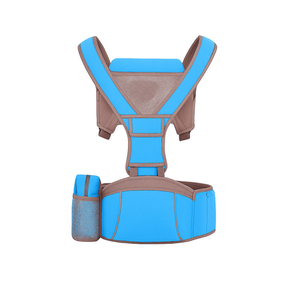 Blue and brown baby carrier on a white background