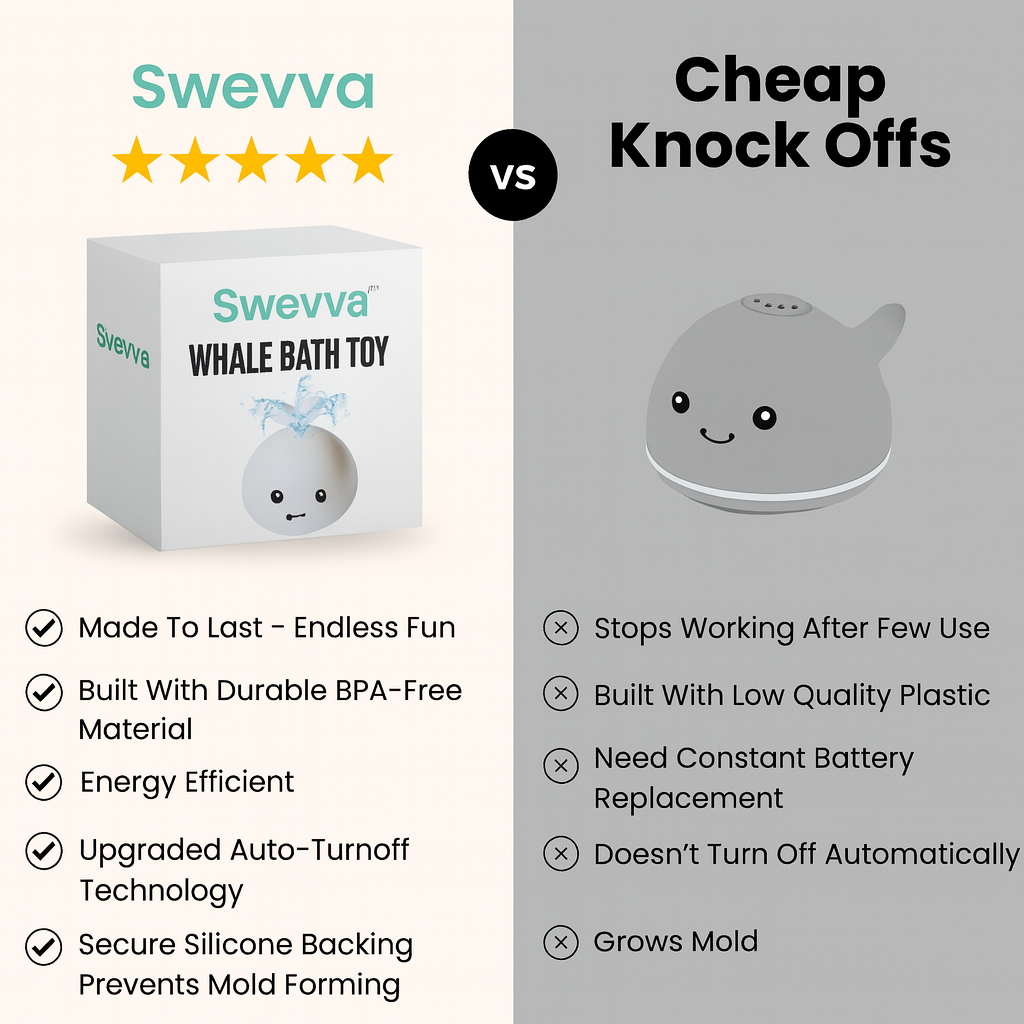Comparison between Swevva whale bath toy packaging and a cheap knockoff on a gray background.