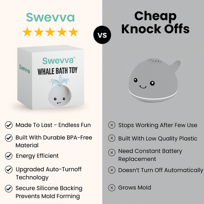 Comparison between Swevva whale bath toy packaging and a cheap knockoff on a gray background.