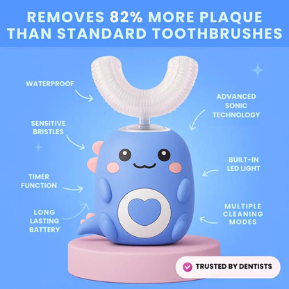 Blue cartoon shark-shaped toothbrush with features listed on a blue background