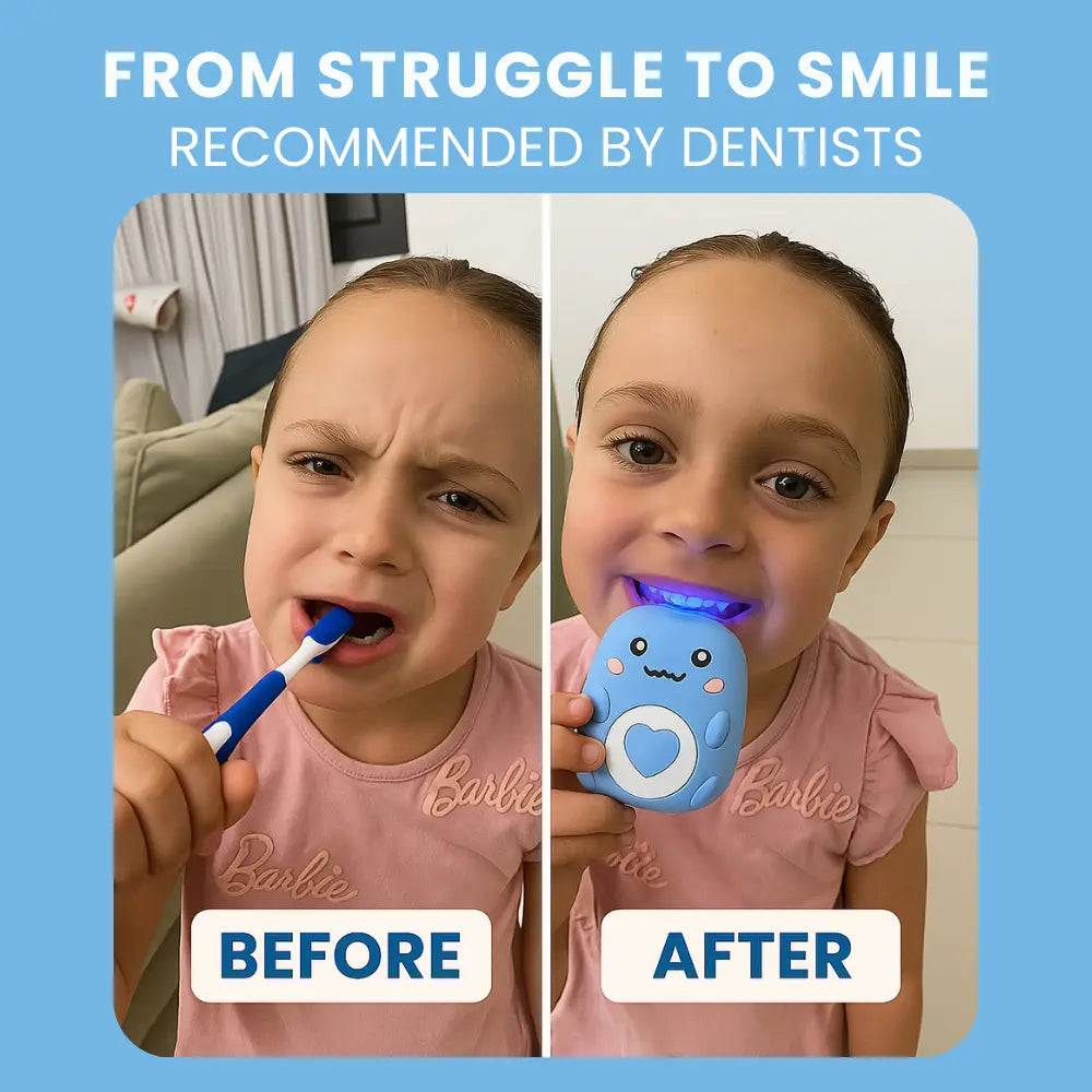 Before and after comparison of a child brushing their teeth with a blue toothbrush and a blue light device, recommended by dentists.
