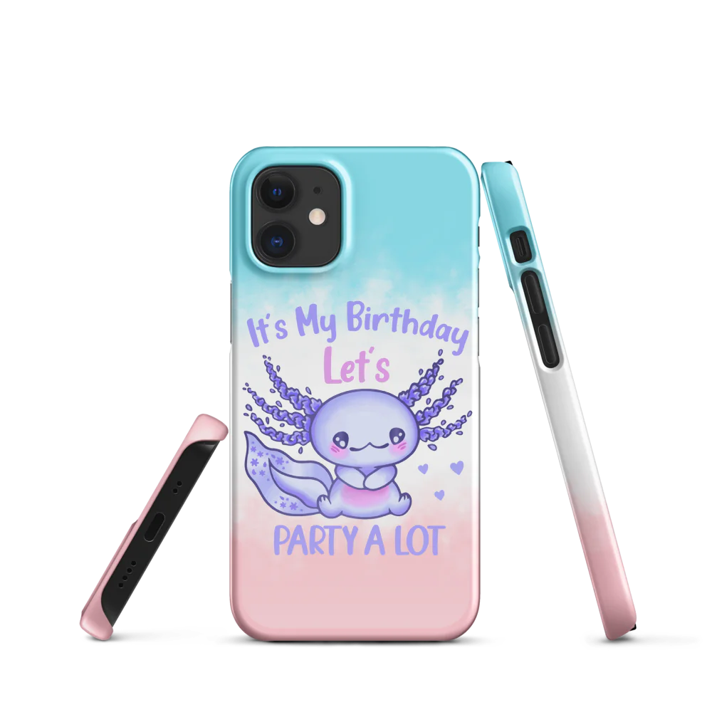 Phone case with a cute design of a purple creature and text 'It's My Birthday Let's Party A Lot' on a gradient background.