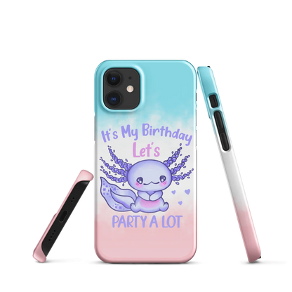 Phone case with a cute design of a purple creature and text 'It's My Birthday Let's Party A Lot' on a gradient background.