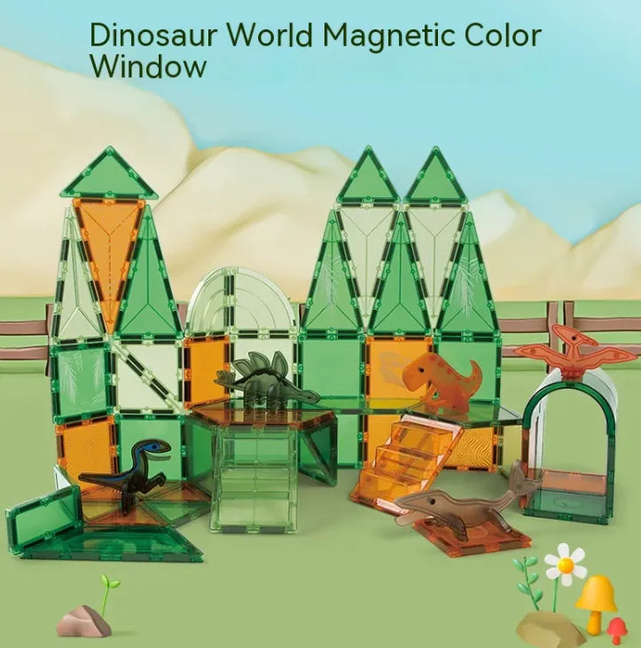 Dinosaur World Magnetic Color Window toy set with transparent and colored pieces on a green background