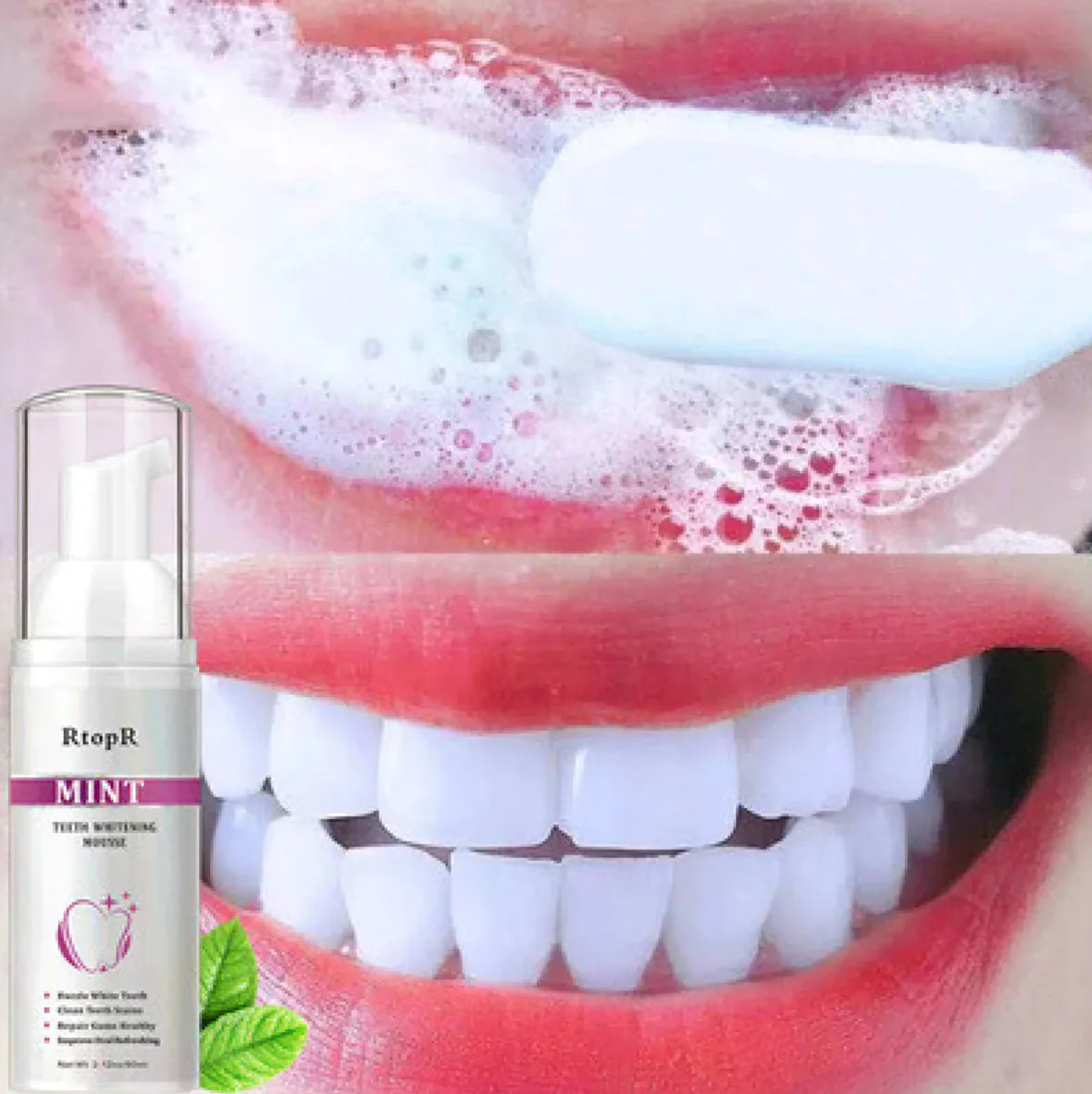 Teeth whitening product with a close-up of a mouth with white teeth and foam.
