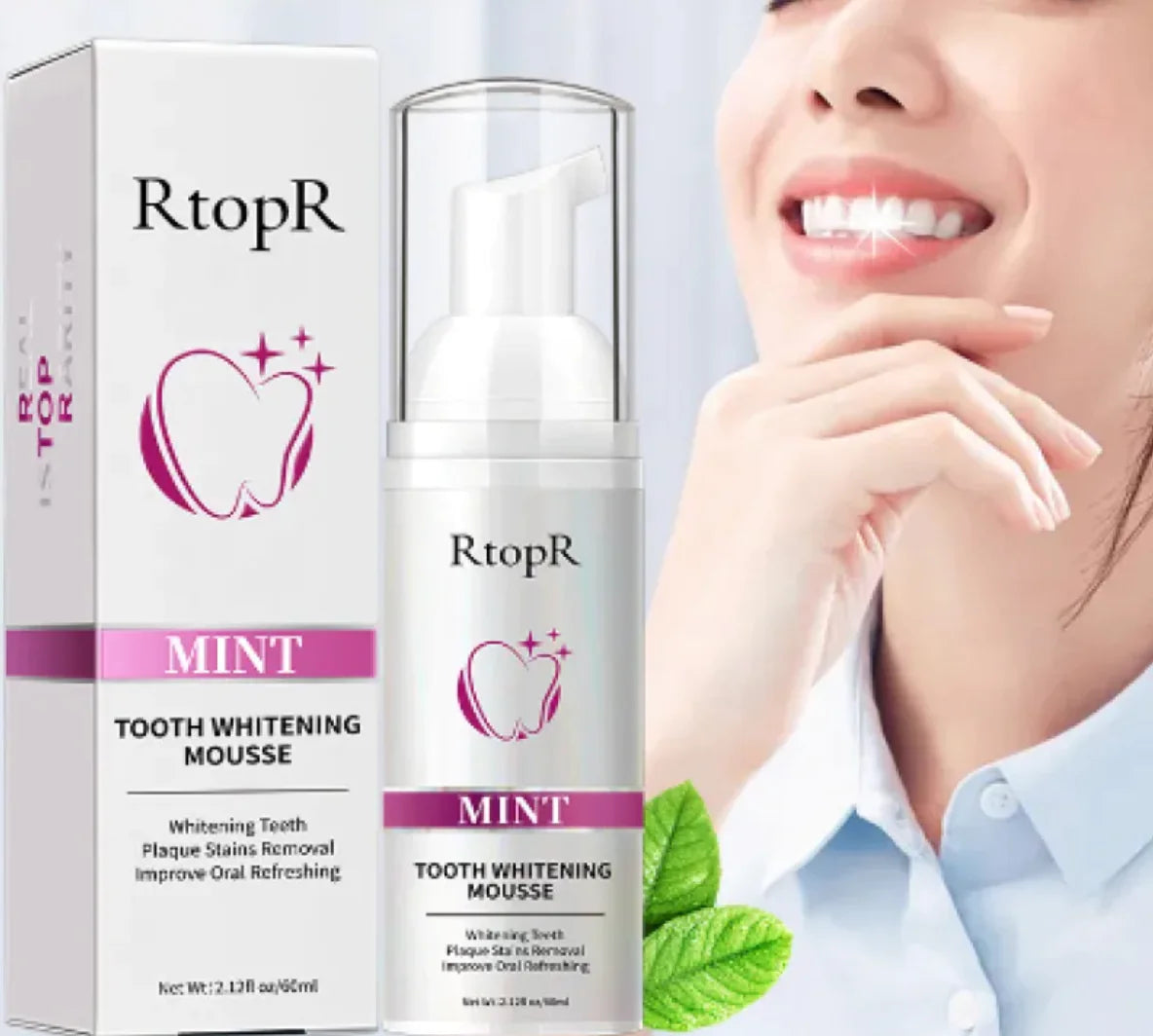 RtopR Mint Tooth Whitening Mousse with packaging and a person smiling.