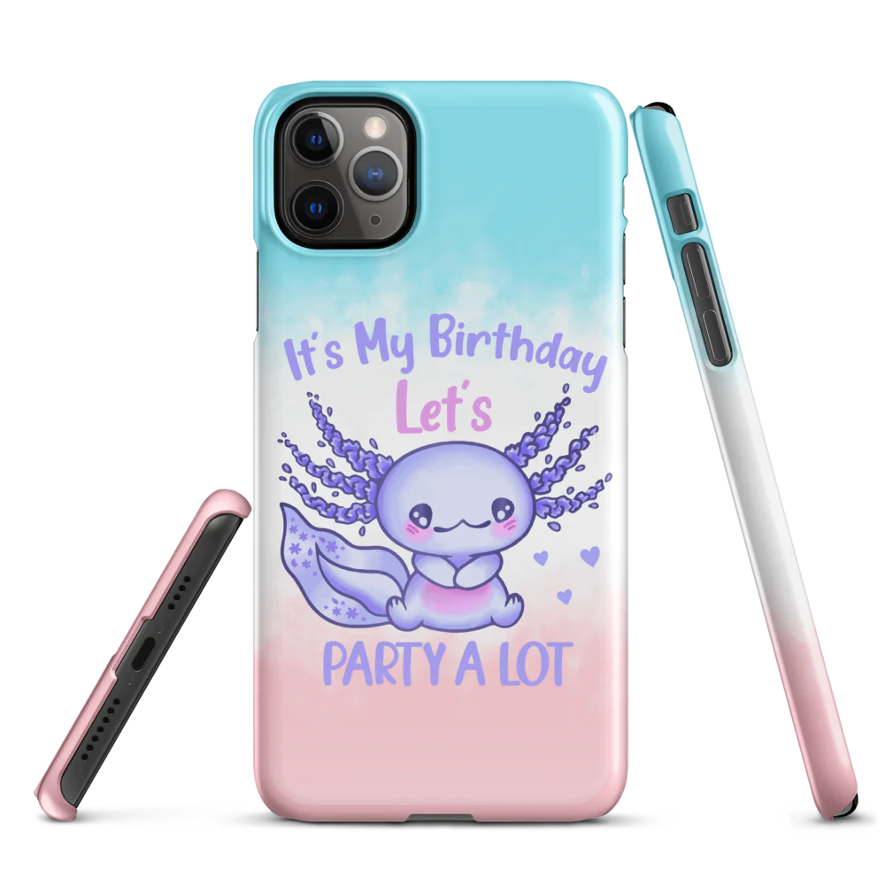 Phone case with a cute purple creature design and text 'It's My Birthday Let's Party A Lot' on a gradient background.