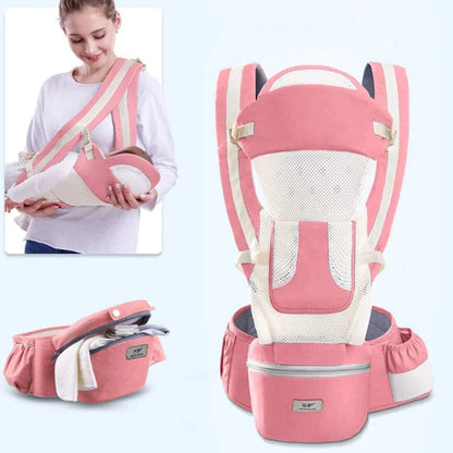 Pink baby carrier with multiple views and a woman holding a baby.