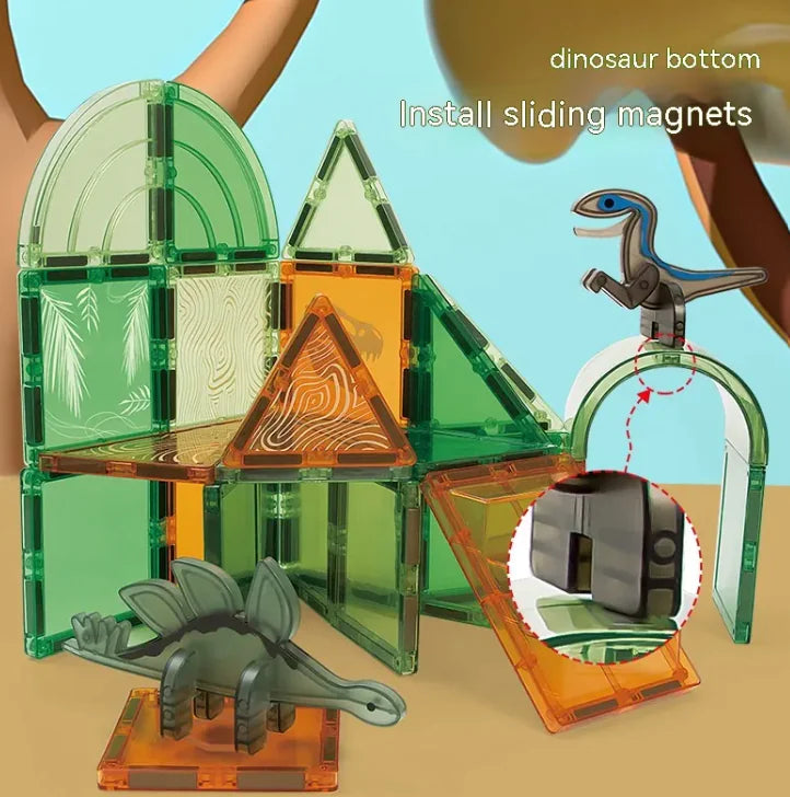 Magnetic building set with dinosaurs and sliding magnets on a colorful background