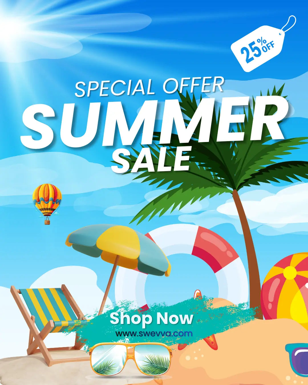 Summer sale advertisement with beach elements and promotional text.