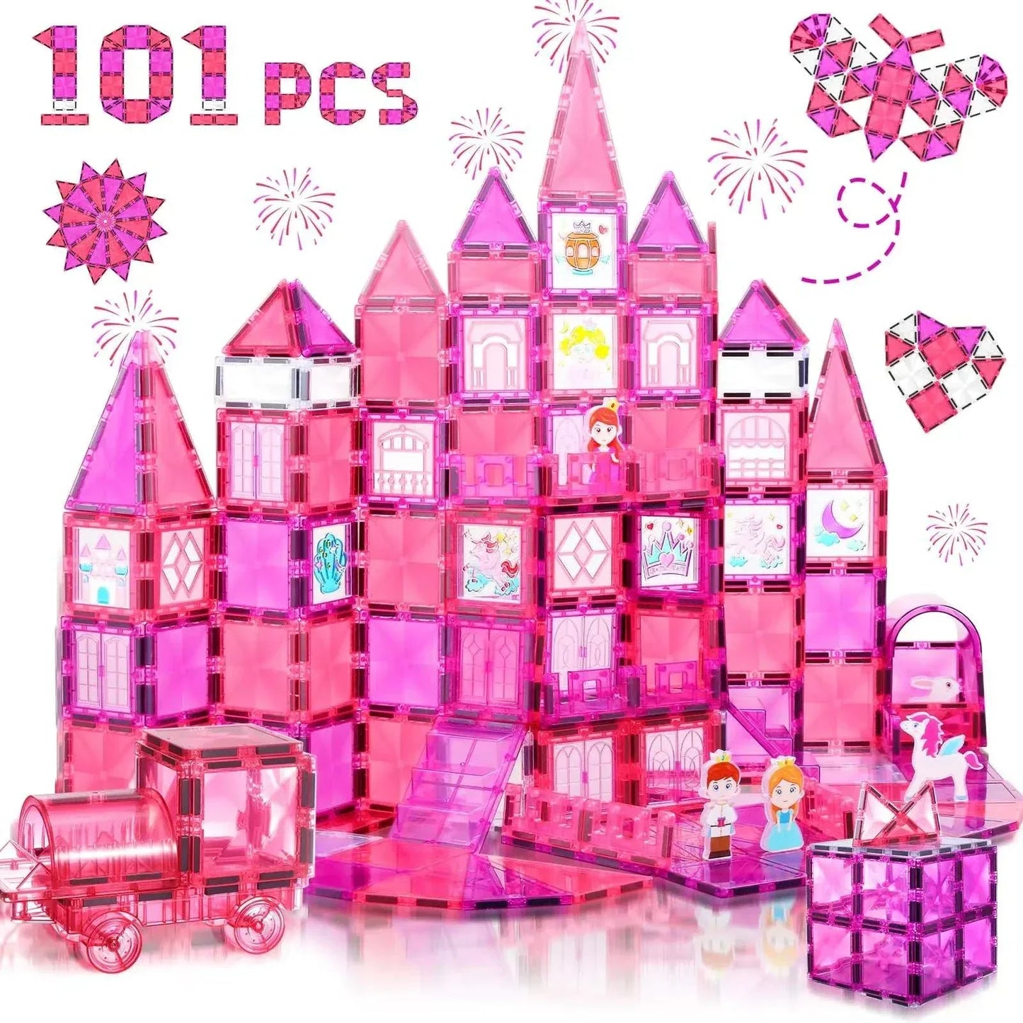 Strawberry Princess Castle Magnetic Tiles 101PCS Building Set for Girls Ages 3–8 with princess figures and carriage for creative play
