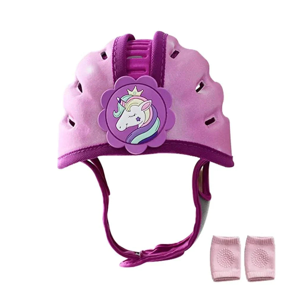 Purple baby safety helmet with unicorn design and adjustable straps for crawling and walking protection