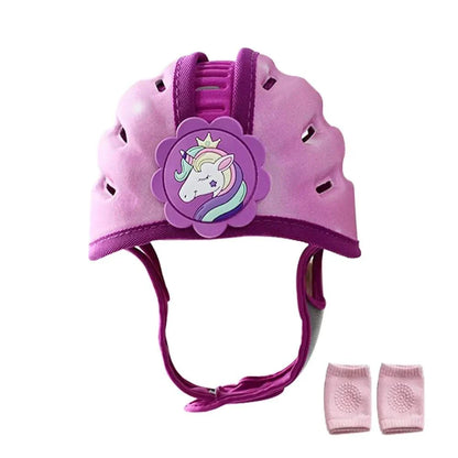 Purple baby safety helmet with unicorn design and adjustable straps for crawling and walking protection