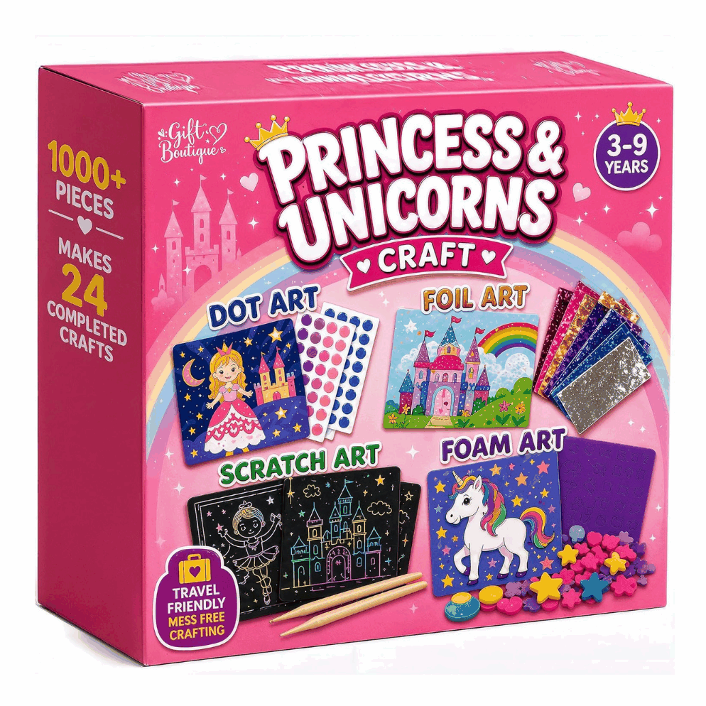 Princess Craft Kit for Girls with 24 princess and unicorn-themed art projects including dot, foil, scratch, and foam art