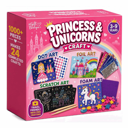 Princess Craft Kit for Girls with 24 princess and unicorn-themed art projects including dot, foil, scratch, and foam art