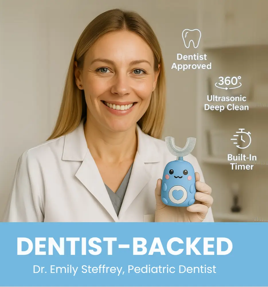 Woman in a white coat holding a blue dental device with text about its features. SWEVVA™ 360° Kids Silicone Replacement Head