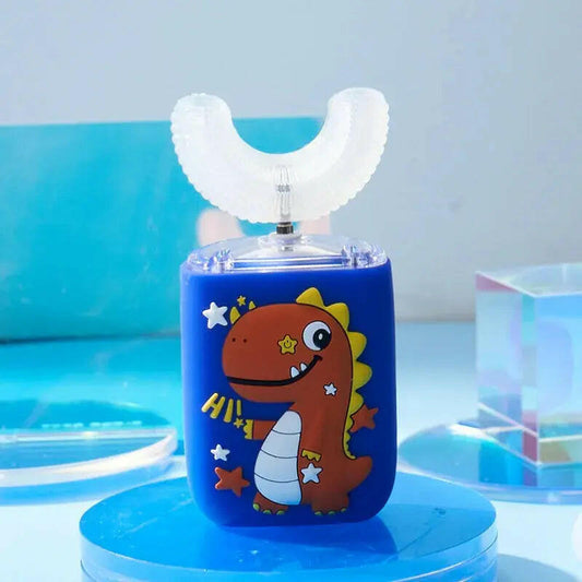 Children's dental device with a cartoon dinosaur design on a blue background SWEVVA™ BrightBuddies 360° U-Shaped Kids Toothbrush