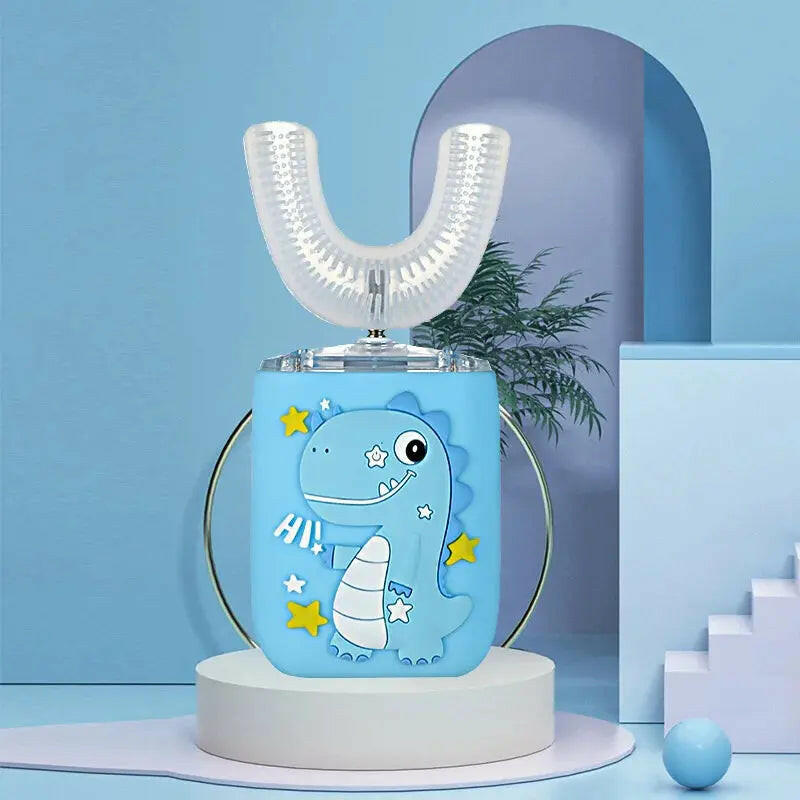 Children's dental device with dinosaur design on a blue background SWEVVA™ BrightBuddies 360° U-Shaped Kids Toothbrush
