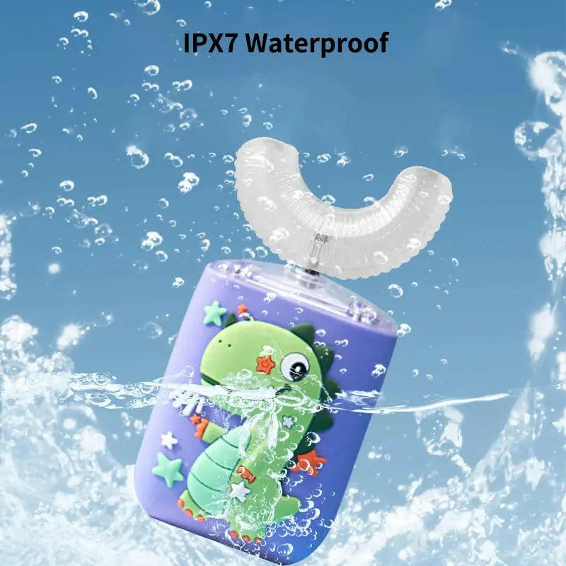 Children's toothbrush with cartoon design under water, labeled IPX7 Waterproof. SWEVVA™ BrightBuddies 360° U-Shaped Kids Toothbrush