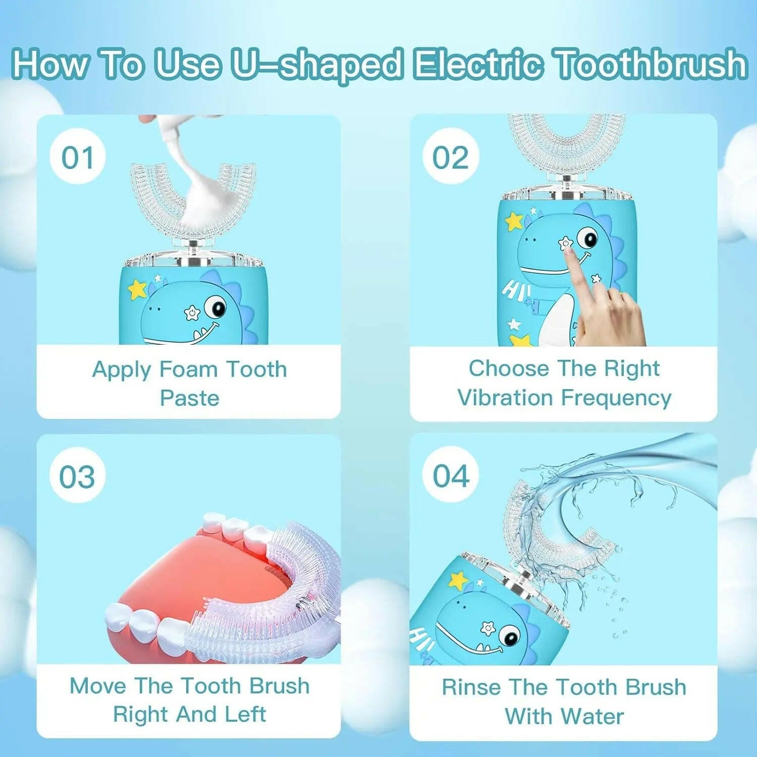 Step-by-step guide on how to use a U-shaped electric toothbrush with cartoon whale design. SWEVVA BrightBuddies 360° U-Shaped Kids Electric Toothbrush